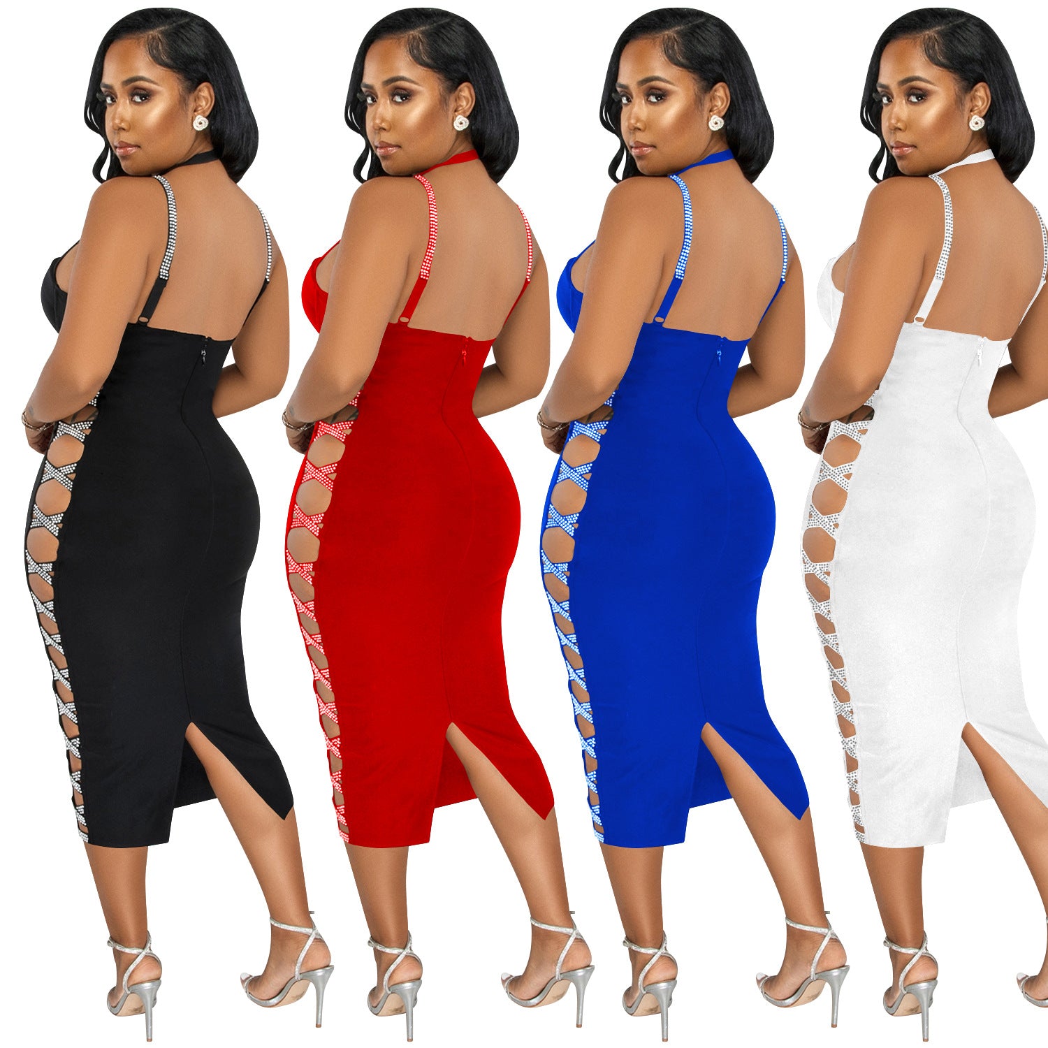 Solid color sexy suspenders hollow zipper long skirt slit dress women 6