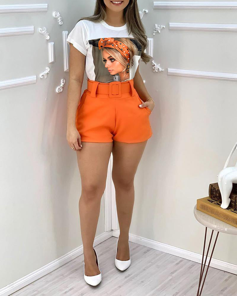 Career Women's White Printed T-Shirt High Waist Shorts With Belt