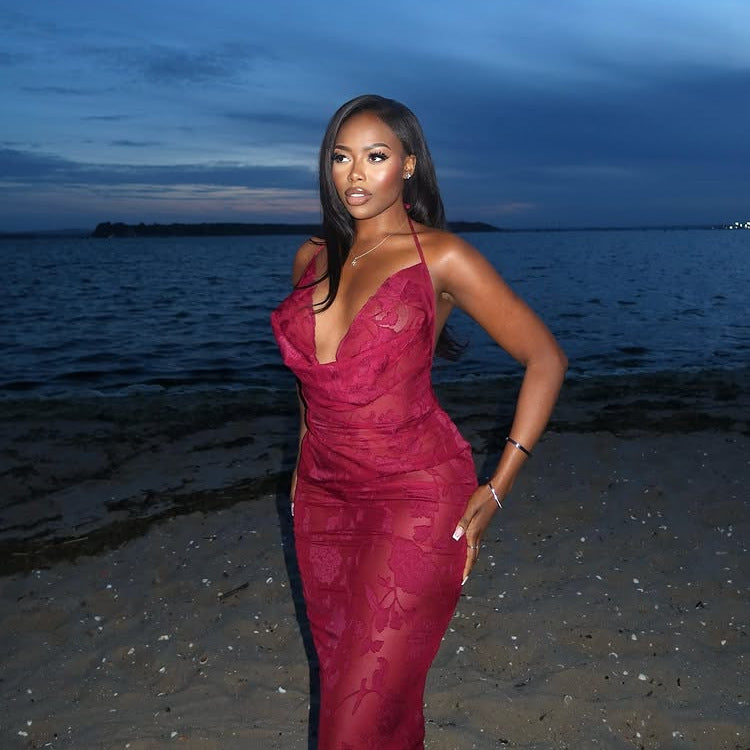 Women Summer Sexy Halter Neck Swing Collar Jacquard Holiday Backless Dress 4