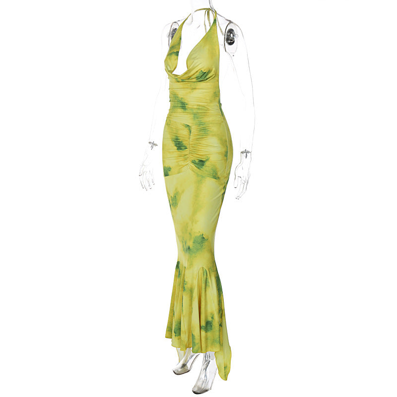 Women's Autumn Chic Style Halter Neck Deep V Print Long Dress 7