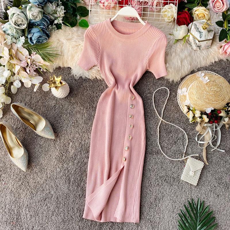 Summer Solid Color Round Neck Button Slim Short Sleeve Elastic Knitting Slit Bodycon Dress
