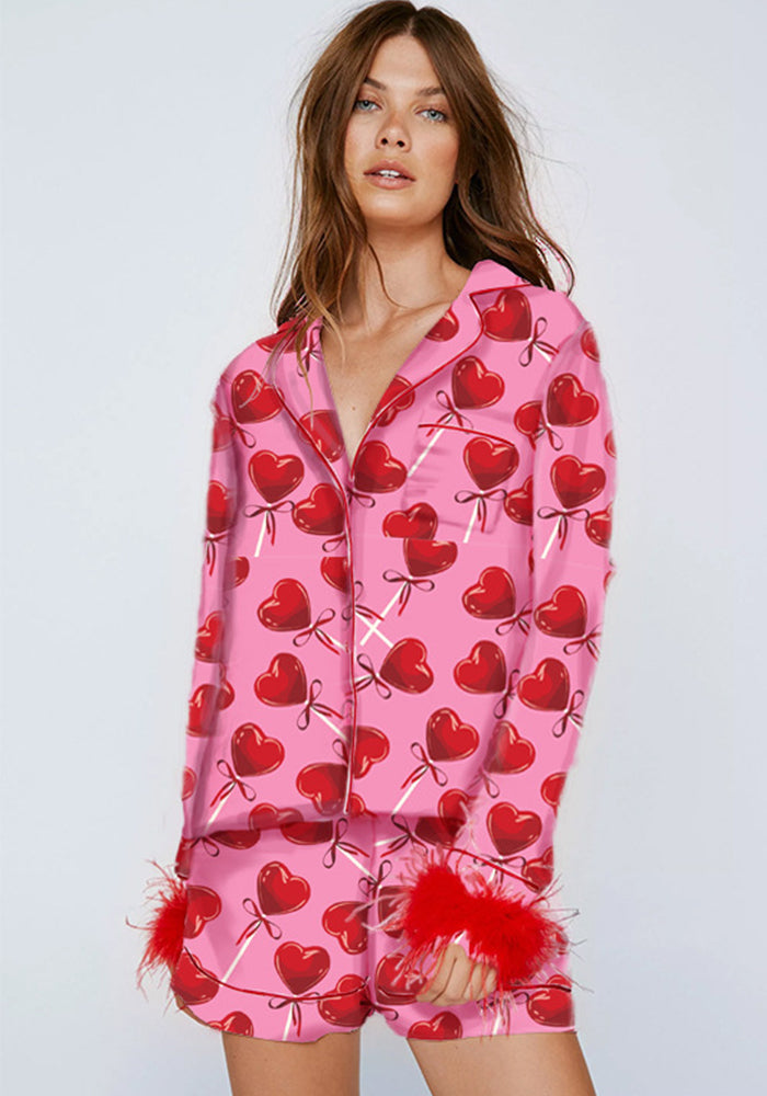 Women's Satin Print Casual Long-Sleeved Home Clothes Pajamas Set