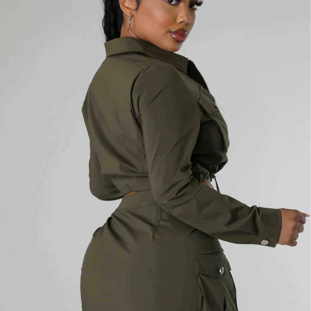 Women Turndown Collar Long Sleeve Pocket Top and Skirt Two-piece Set 4