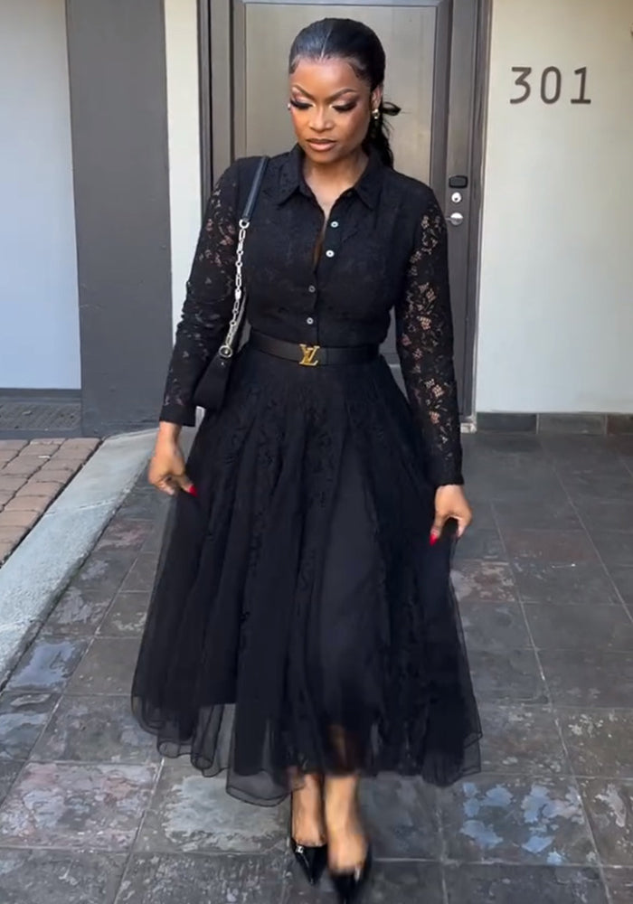 Elegant Women's Lace Patchwork Mesh Irregular Midi Dress