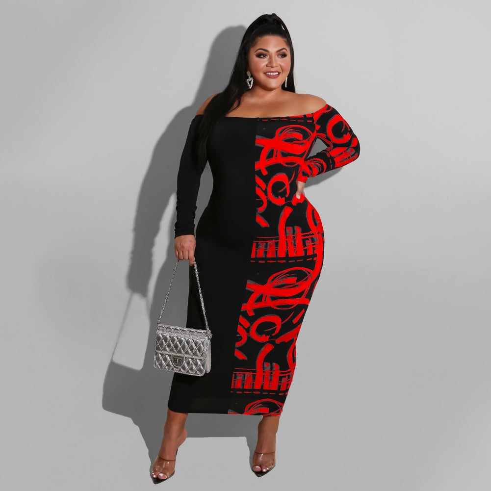 Print Sexy Off Shoulder Midi Dress with Sleeves 3