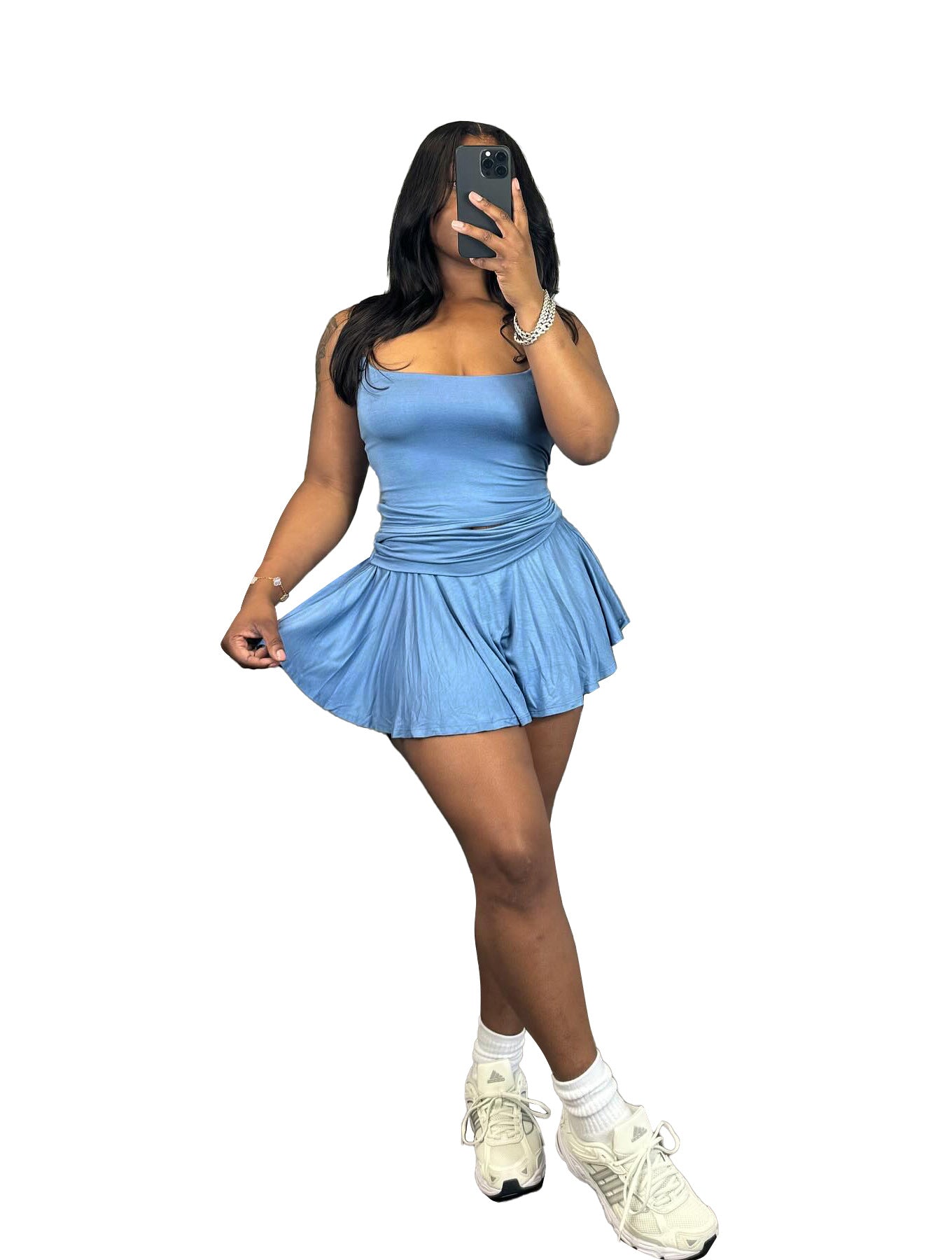 Women Sexy Cute Suspender Pleated Bell Bottom Skirt Two-piece Set (with Underwear) 6