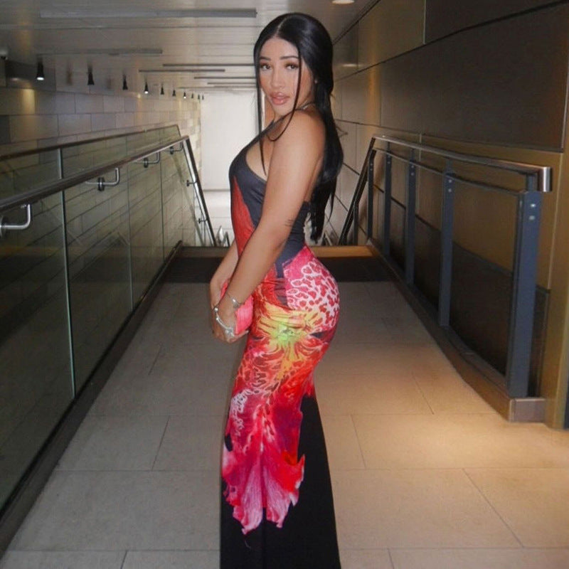 Women Floral Print Halter Neck Lace Sleeveless Bcakless Maxi Dress 11