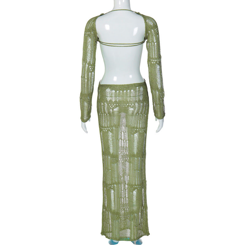 Spring Sexy Low Back Hollow See-Through Long Sleeve Slim Chic Long Knitting Dress 6