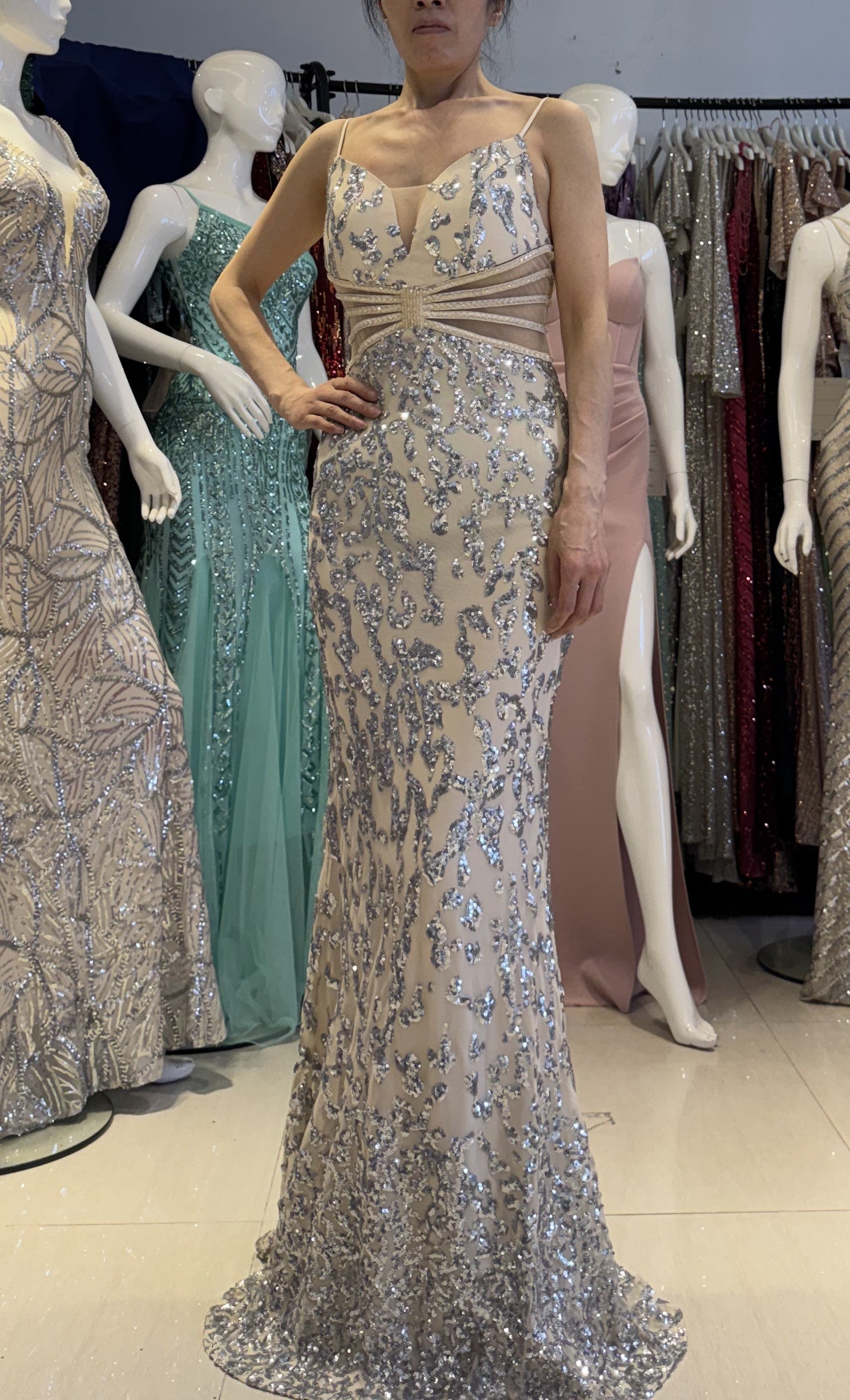 Women clothing V Neck sequins beaded hollow mesh off-shoulder Formal Party evening dress 27