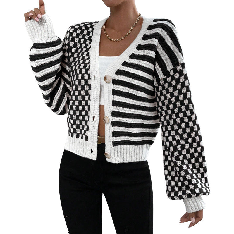 Autumn And Winter Sweater Women's Plaid Patchwork Striped Knitting Coat 5