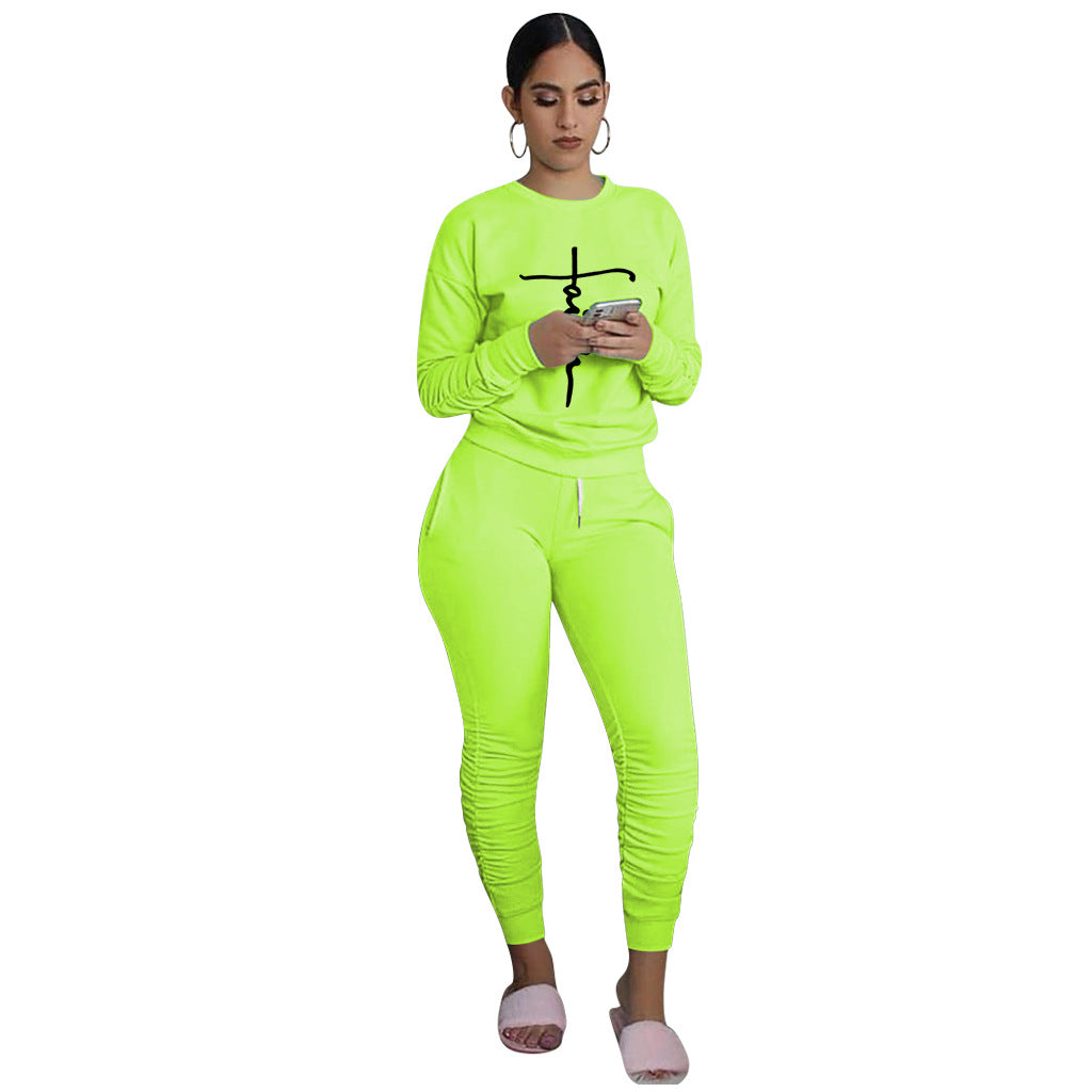 Women'S Print Solid Color Long Sleeve Round Neck Top And Ruched Pants Set Two-Piece Set 4