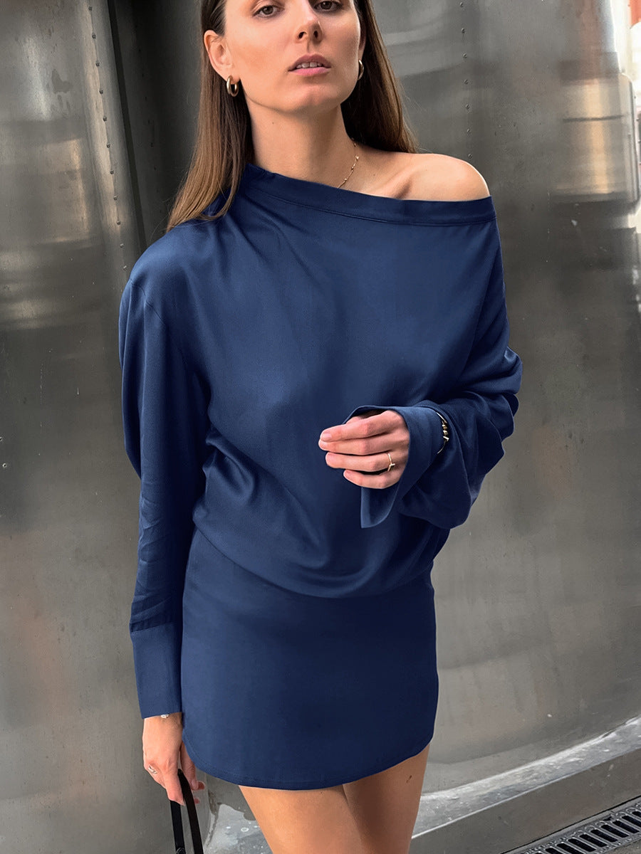 Women Autumn and Winter Elegant Blue Satin Irregular Long Sleeve Dress 3