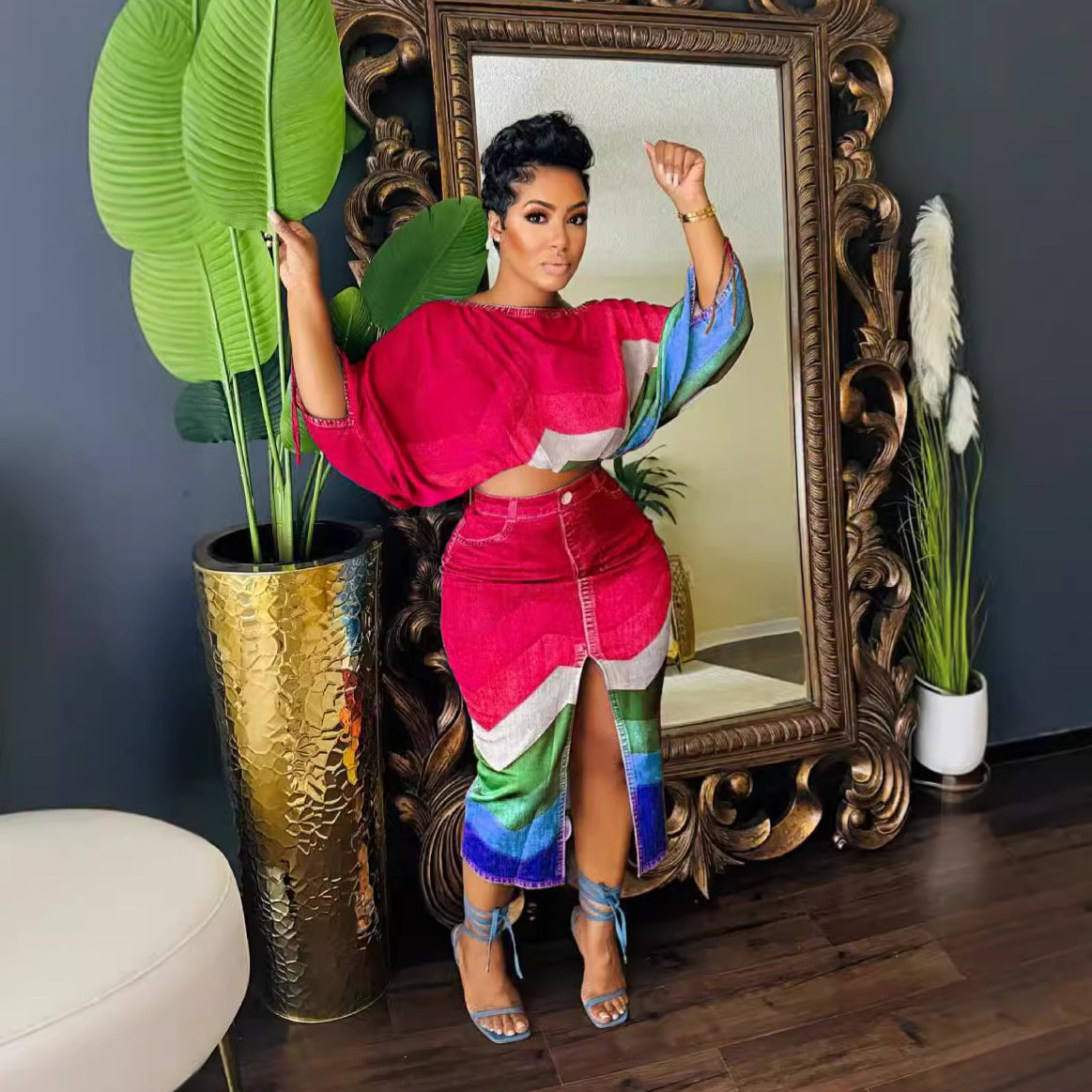 Slash Shoulder Print Bat Sleeves Top Slit Short Skirt Two-Piece Set 3