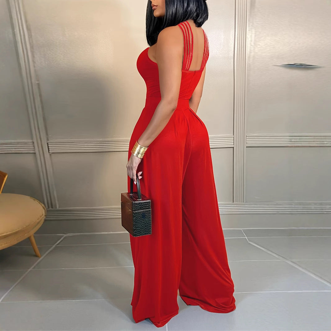 Women Career Sexy Strap Cross Wide Leg Jumpsuit 4