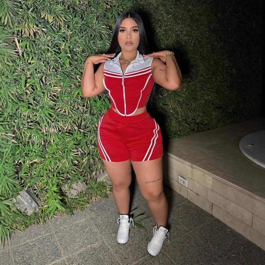 Women Career Casual Striped Patchwork Contrast Color Sleeveless Top and Shorts Sports Two-piece Set