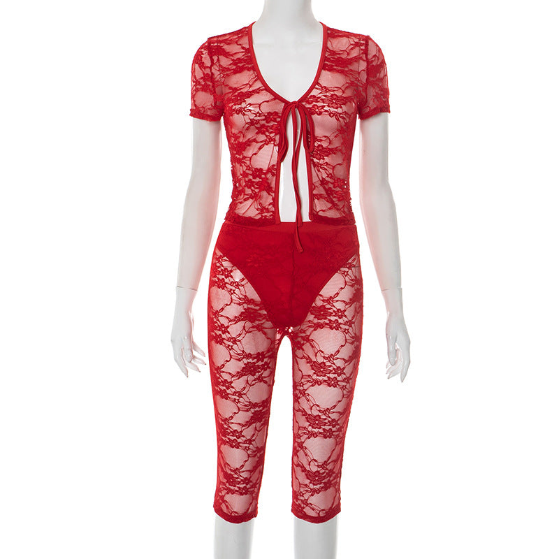 Women Sexy Lace Hollow Lace Short Sleeve Top Shorts Two-piece Set 6