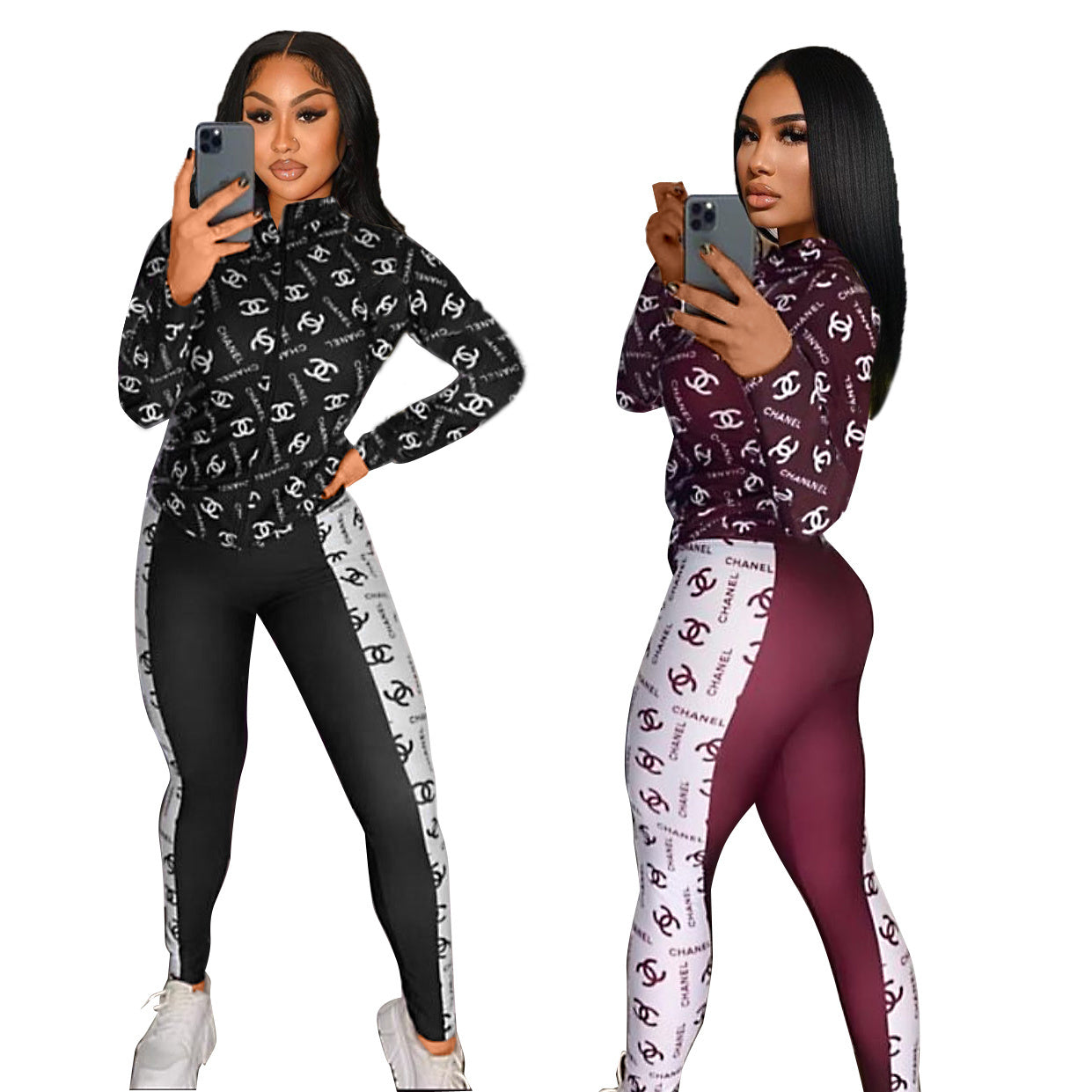 Women's Casual Fashion Chic Color Block Print Zipper  Two-Piece  Pants Set 7