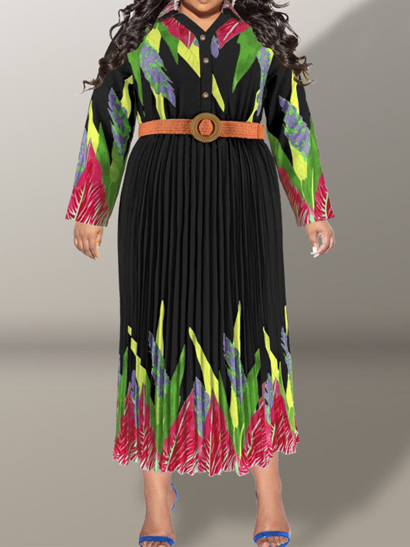 Plus Size Women Printed Pleated Long Sleeve Elegant Dress with Belt 4