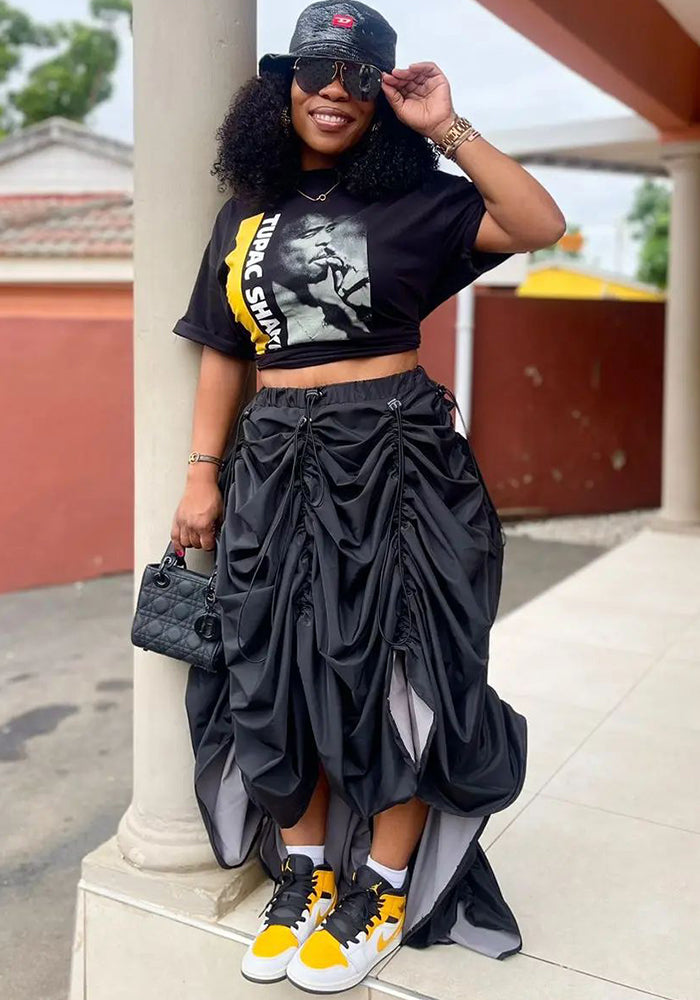 Drawstring Skirt Print T-Shirt Two Piece Set