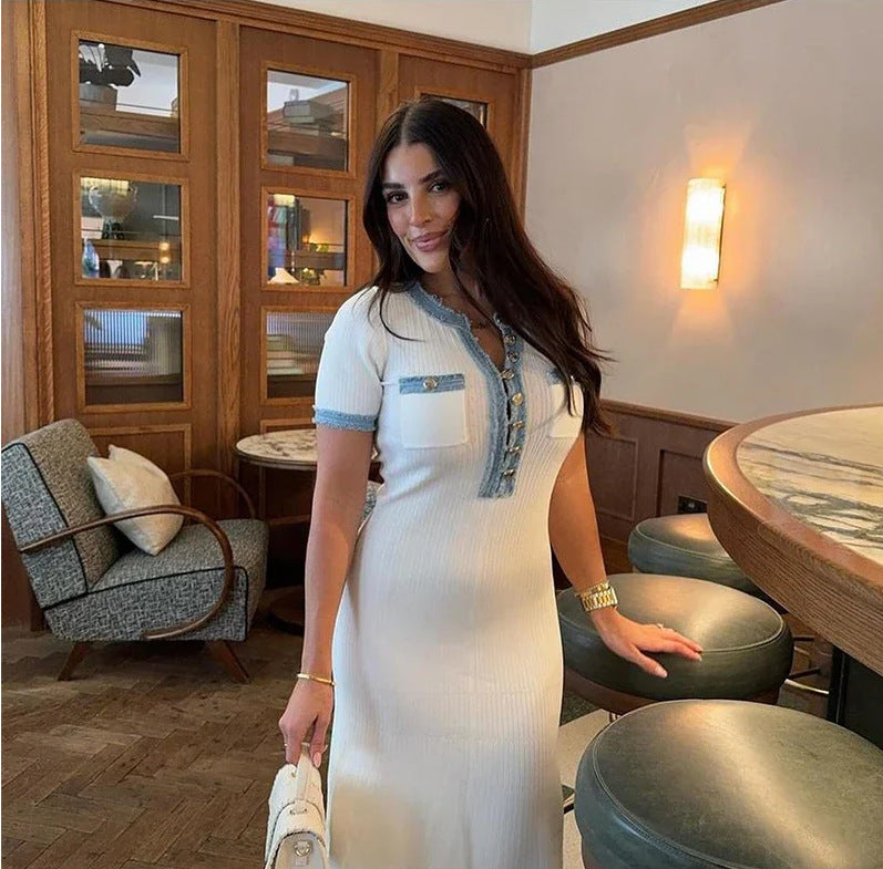 Women Denim Patchwork Knitting short-sleeved dress 6