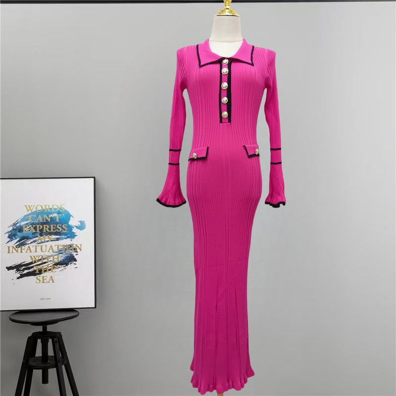 Winter Turndown Collar Knitting Dress Women Long Sleeve Fashion Chic Slim Waist Sweater Dress 24