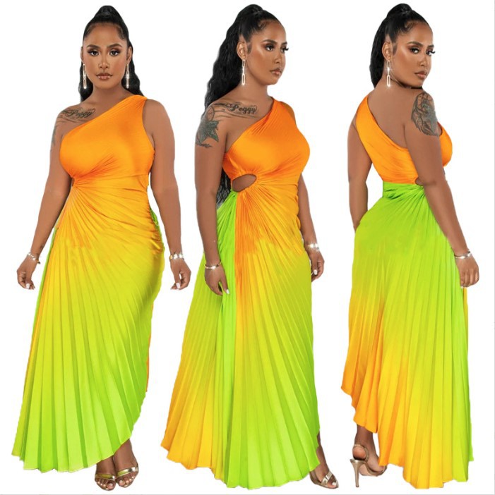 Women's Fashion Gradient Printed One Shoulder Pleated Maxi Dress 6