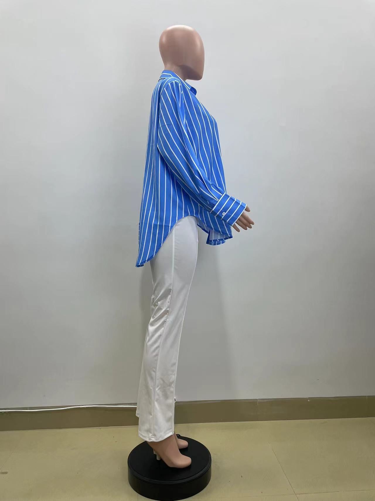 Spring Casual Blue And White Striped Career Loose Shirt 10