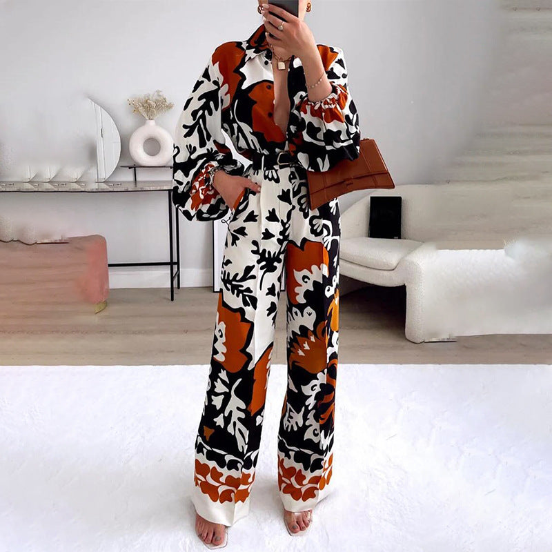 Women Bohemian Contrast Print Casual Top and Pants Two Piece