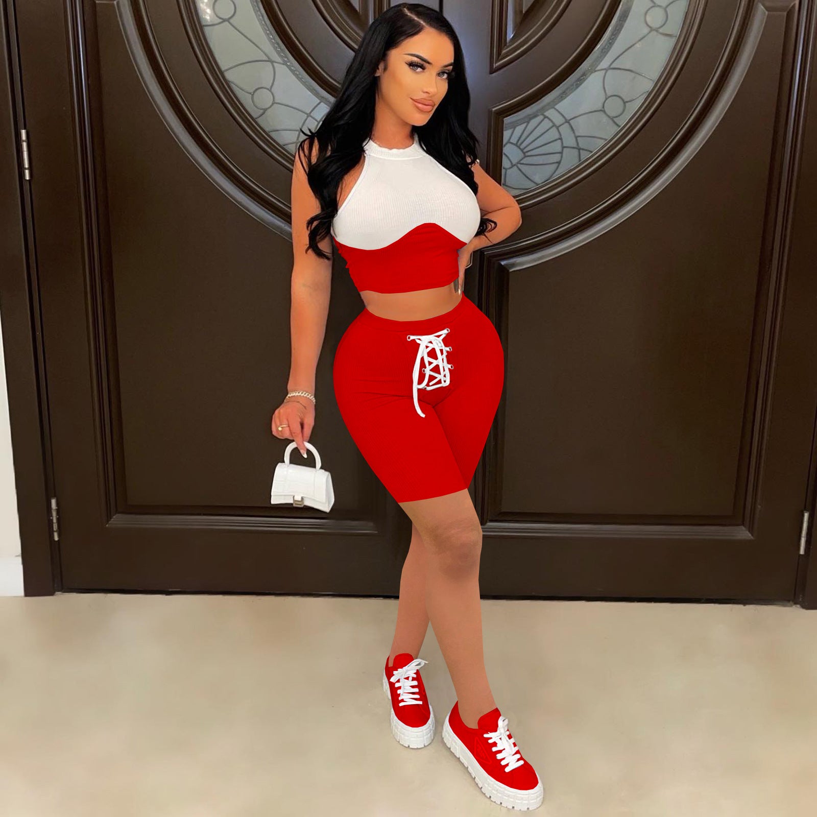 Summer Sexy Solid Colorblock Knitted Crop Top Shorts Two-Piece Set 7