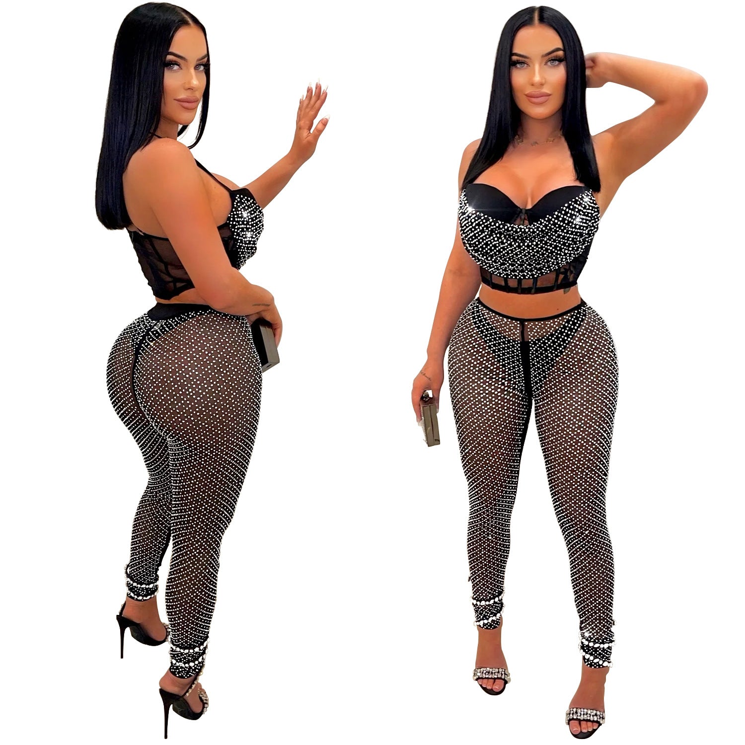women's solid mesh Beaded suspender pants two-piece set 5
