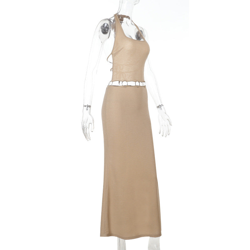 Metallic-Decorated Summer Hollow Slim Halter-Neck Low-Back Long Dress 7