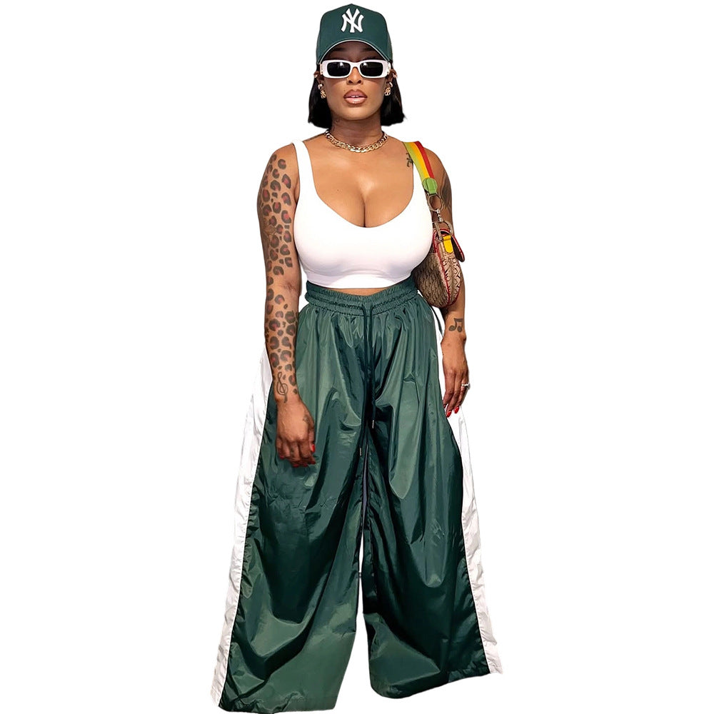 Women casual color matching drawstring wide leg pants 7