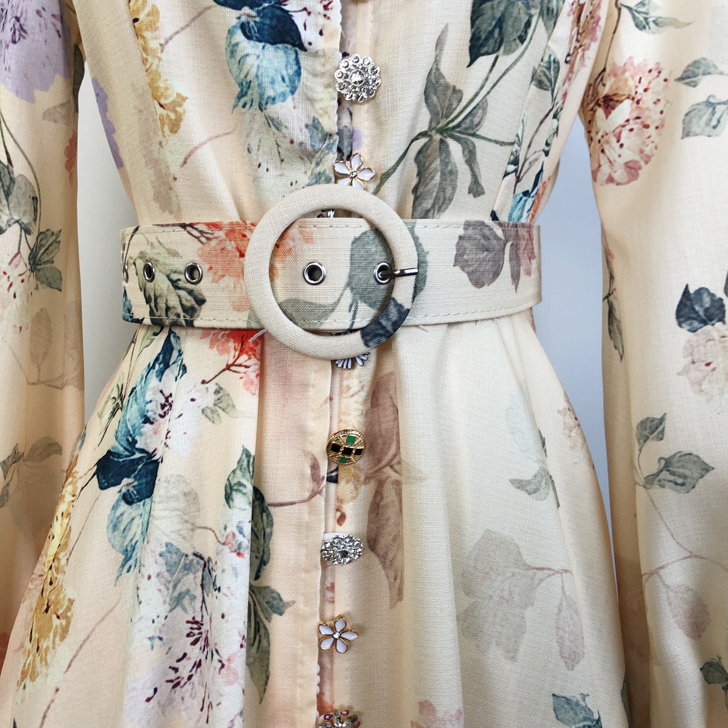 Elegant Print Row Jewelry Button Floral Lantern Sleeve Midi Dress with Belt 23