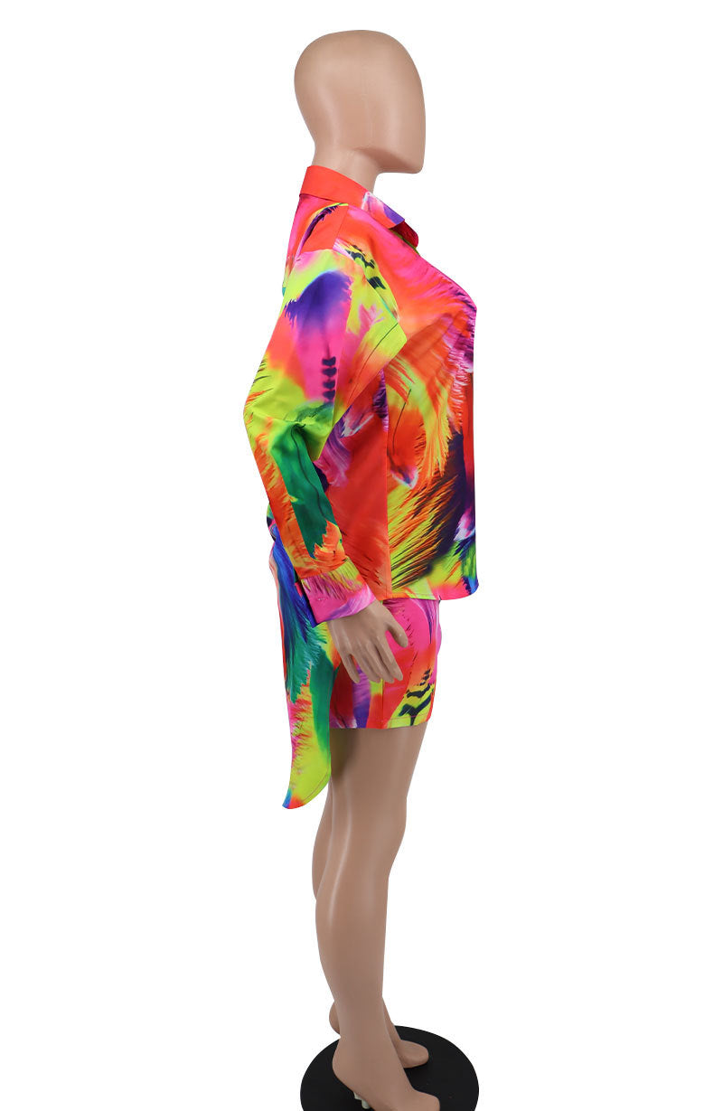 Women Chic Print Long Sleeve Shirt + Shorts Two Piece Set 14