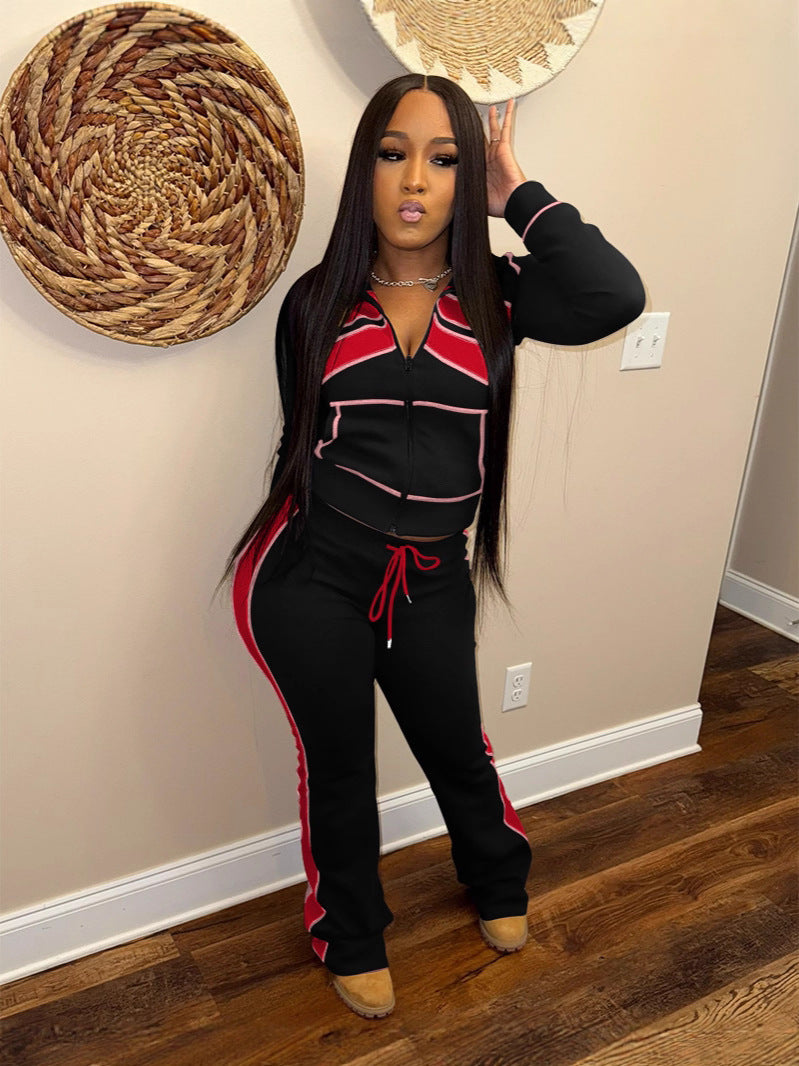 Women Sporty Casual Autumn/Winter Colorblock Long-Sleeved Top and Pant Two-Piece Set 5