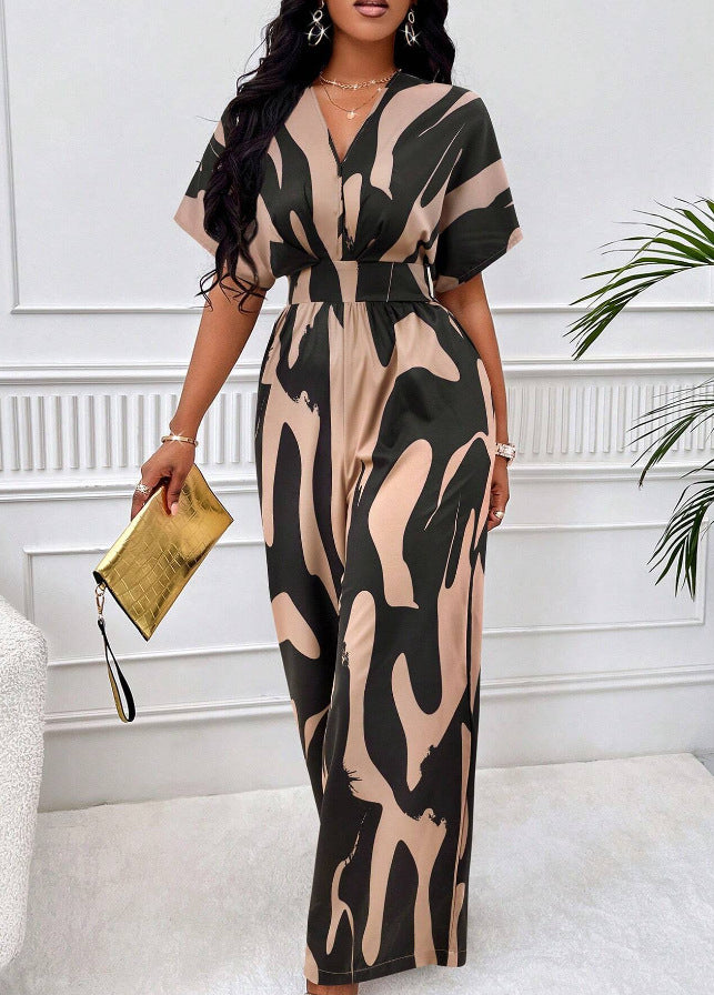Women Print Bat Sleeves Wide Leg Jumpsuit 10