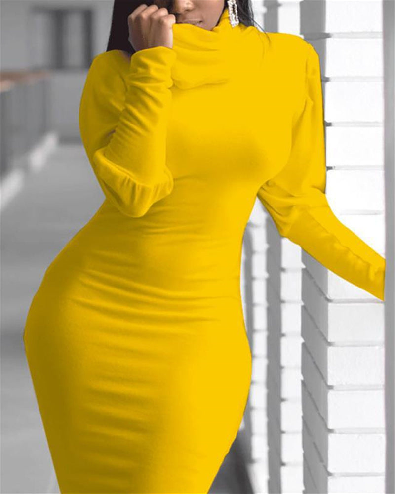 Women Fall High Neck Long Sleeve Bodycon Dress 7