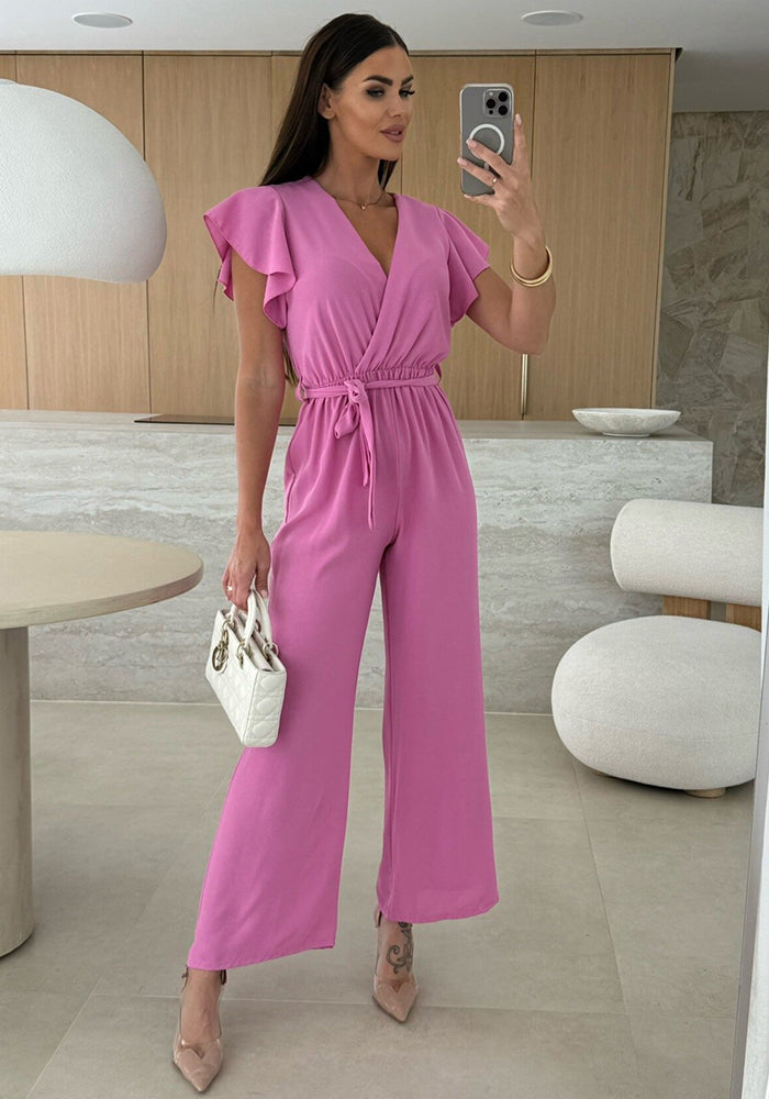 Women V-Neck Ruffle Sleeve Lace-Up Casual Wide Leg Jumpsuit