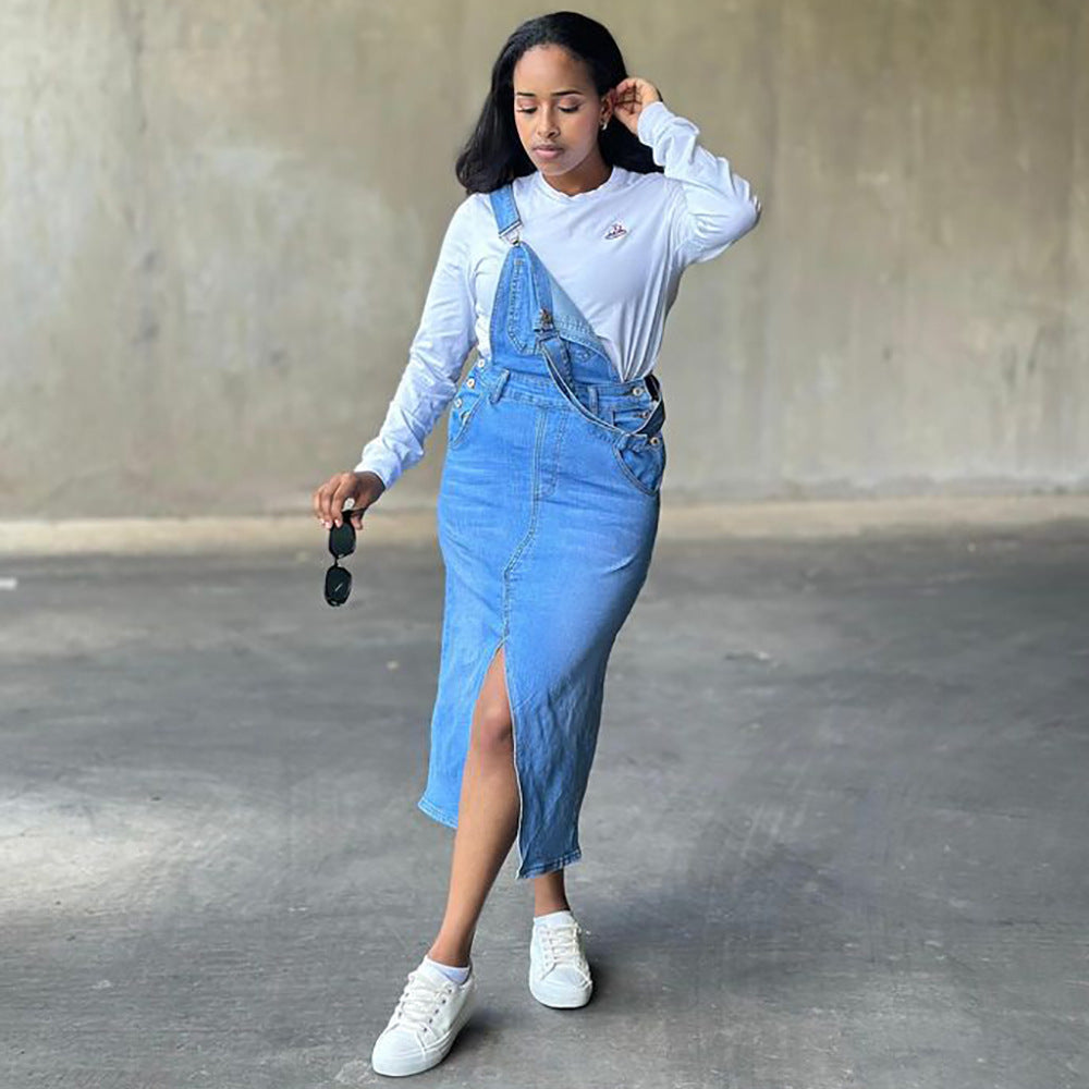 Women Street Pocket Slit Denim Suspender Skirt 4