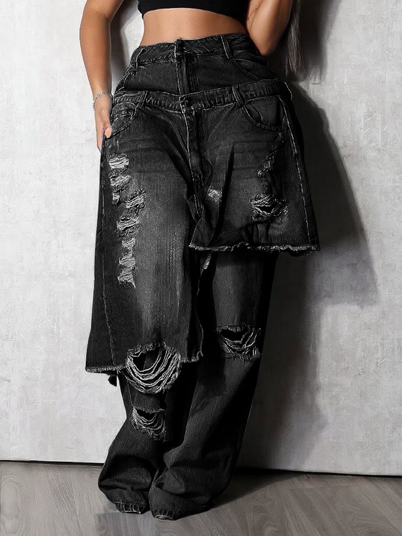 Autumn Winter Women's Fashion Denim Distressed Patchwork Destroyed Loose Straight Leg Pants 4