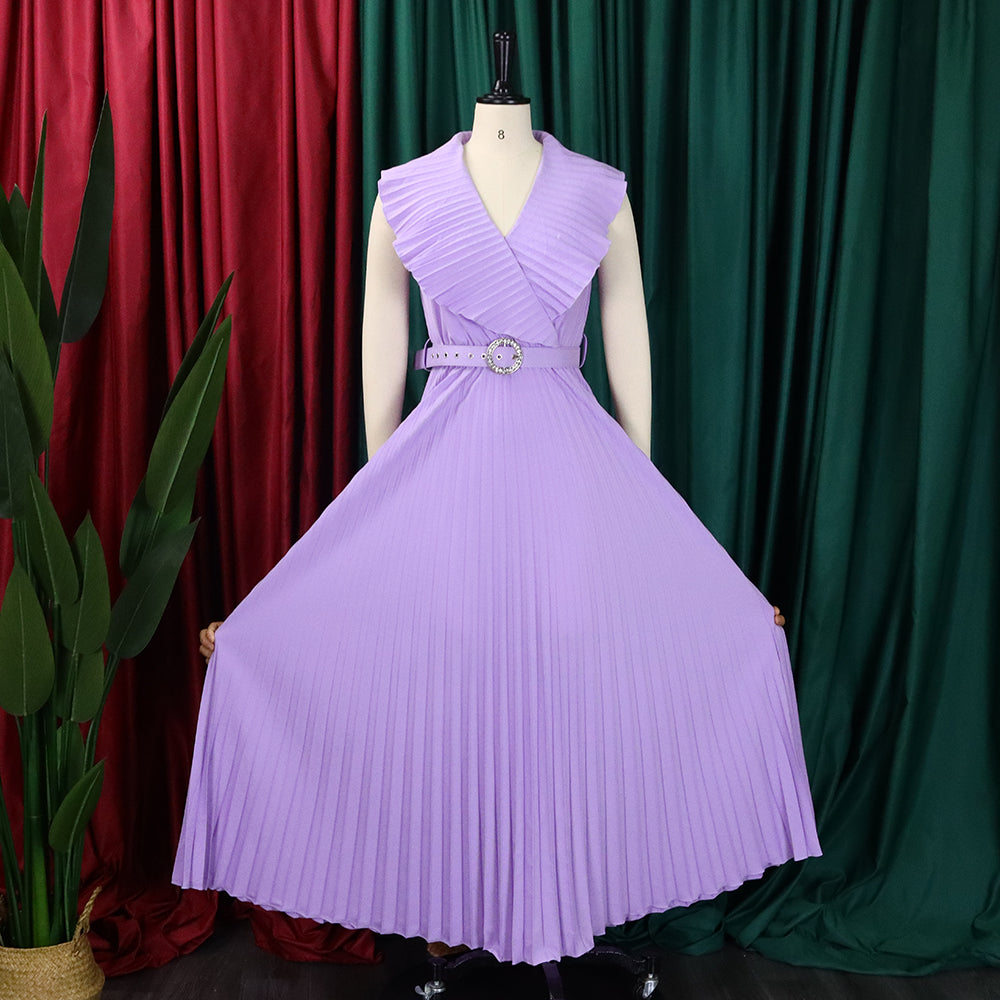 Women Summer Sexy Ruffled Pleated Maxi Dress with Belt 26