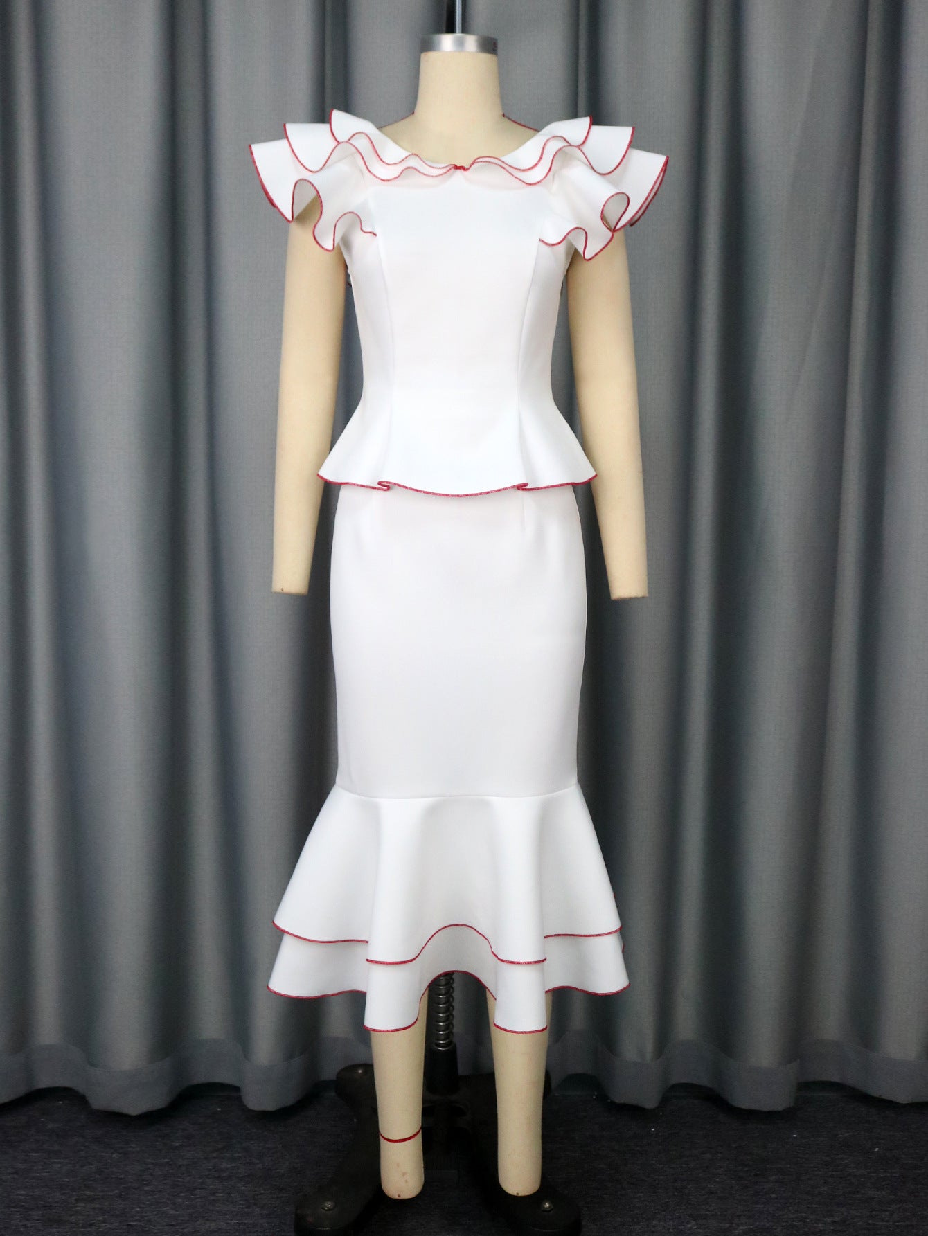 Women's Peplum Contrast Top & Chic Mermaid Pencil Skirt Two-Piece Set 4