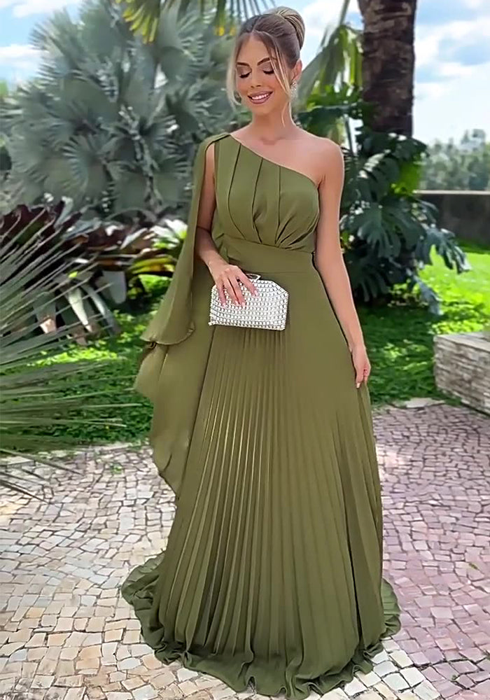 Women Summer Slash Shoulder Off-shoulder Pleated Elegant Maxi Dress