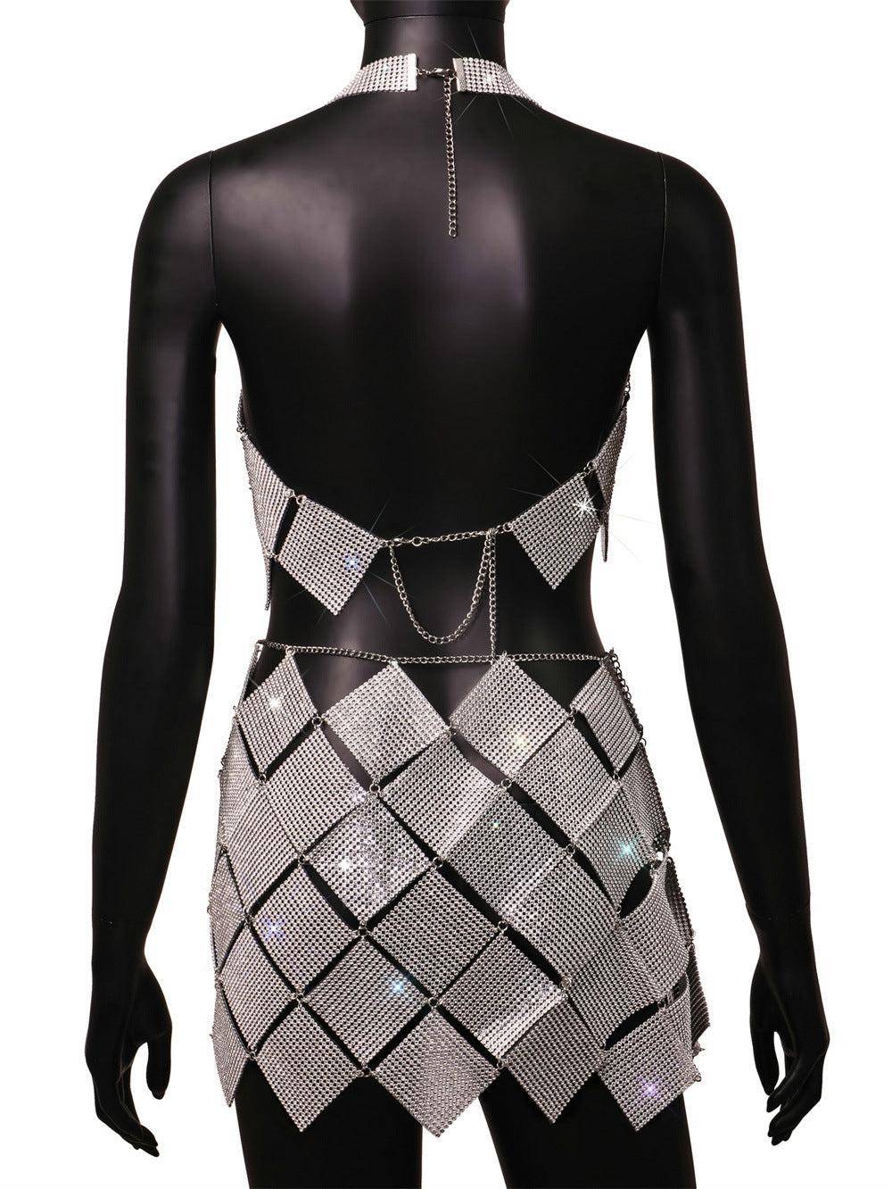 Women's Nightclub Style Sexy Diamond Sequin Checkered Two Piece Skirt Set 10