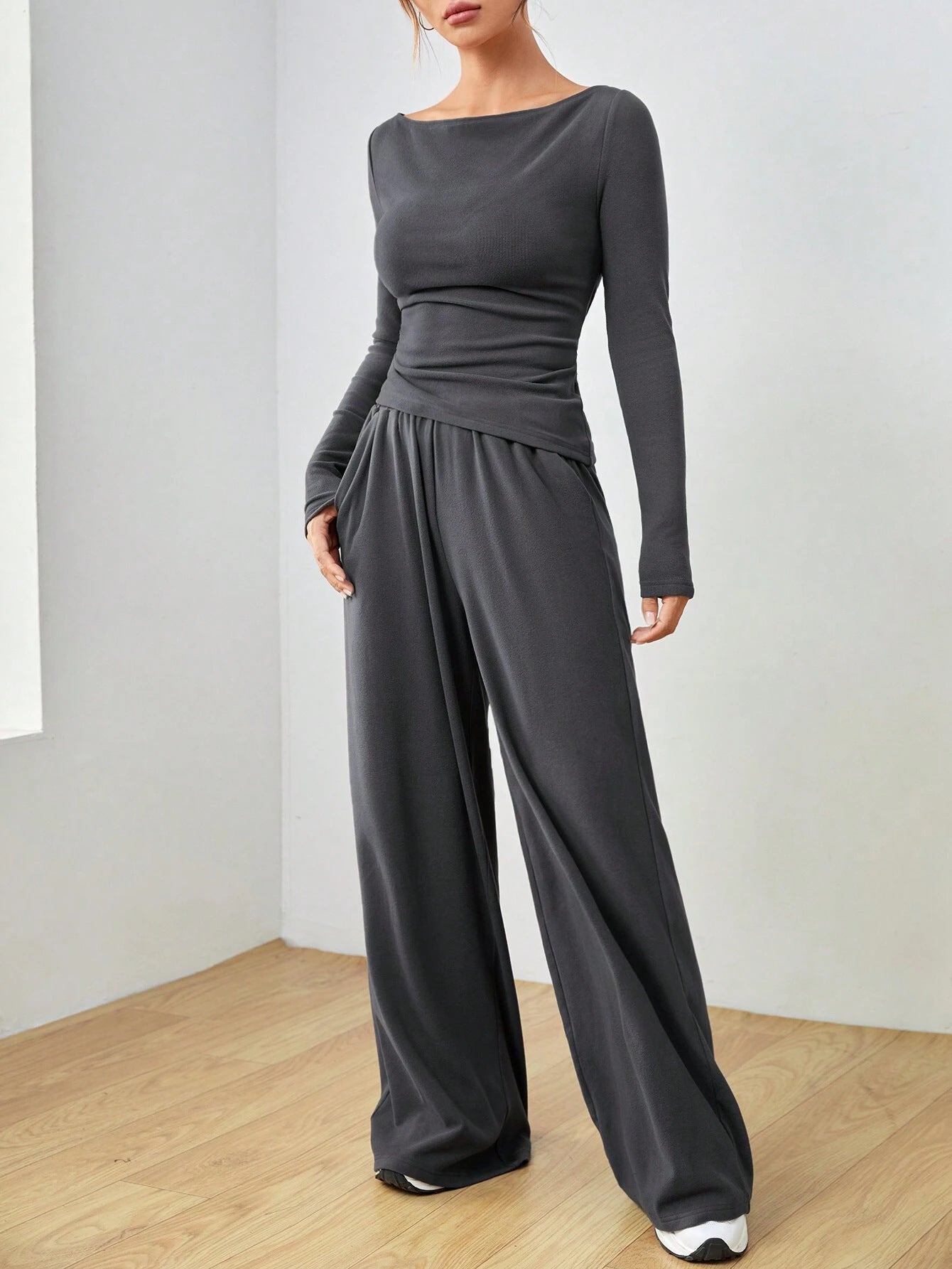 Women autumn and winter two-piece suit solid long sleeve casual wide-leg Pants two-piece suit 3