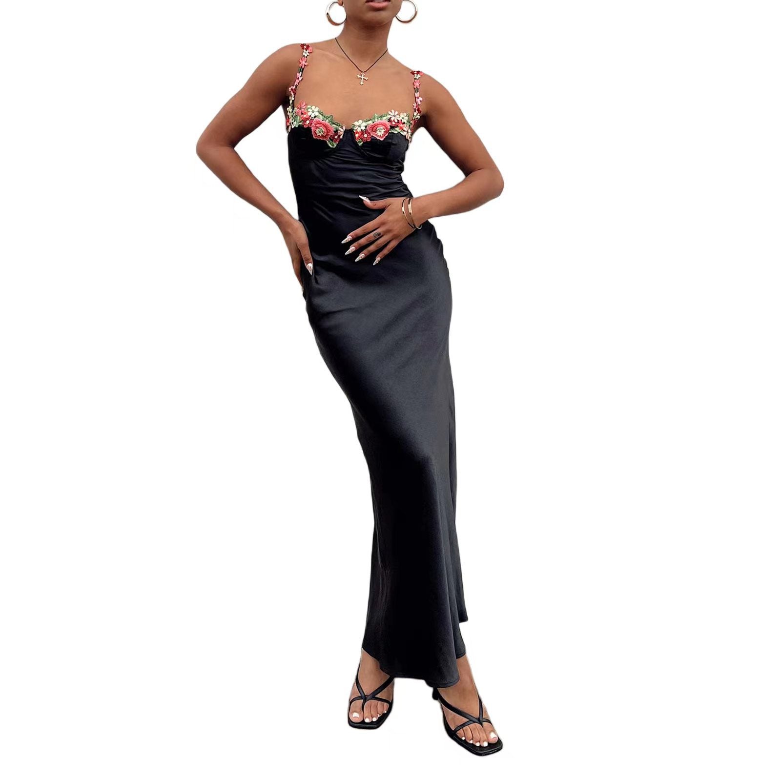 Spring And Summer Fashion Sexy Embroidered Lace Straps Solid Color Long Dress 11