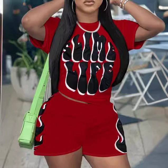 Women Casual Trendy Printed Short Sleeve Top and Shorts Two-Piece Set 8