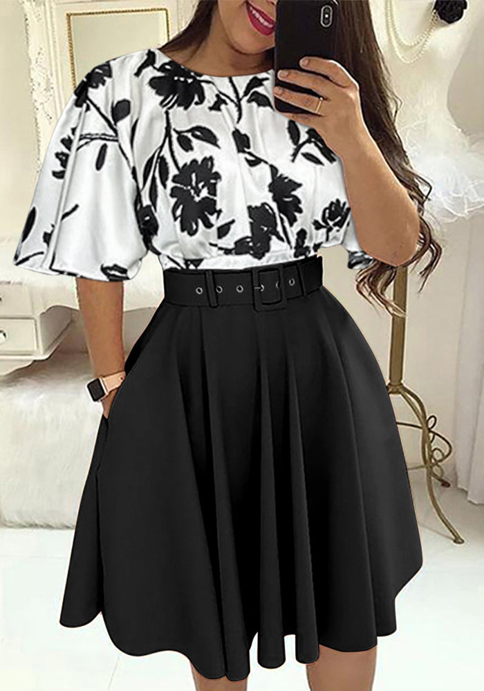 Summer Short Sleeve Printed Top and Skirt Two-piece Set