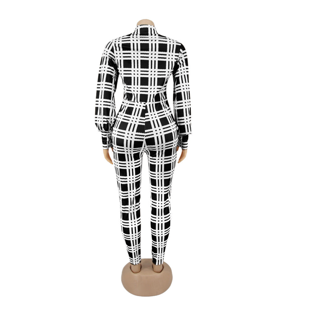 Fashionable Spring Turndown Collar Slim Puff Sleeve Women's Plaid Print Jumpsuit 18