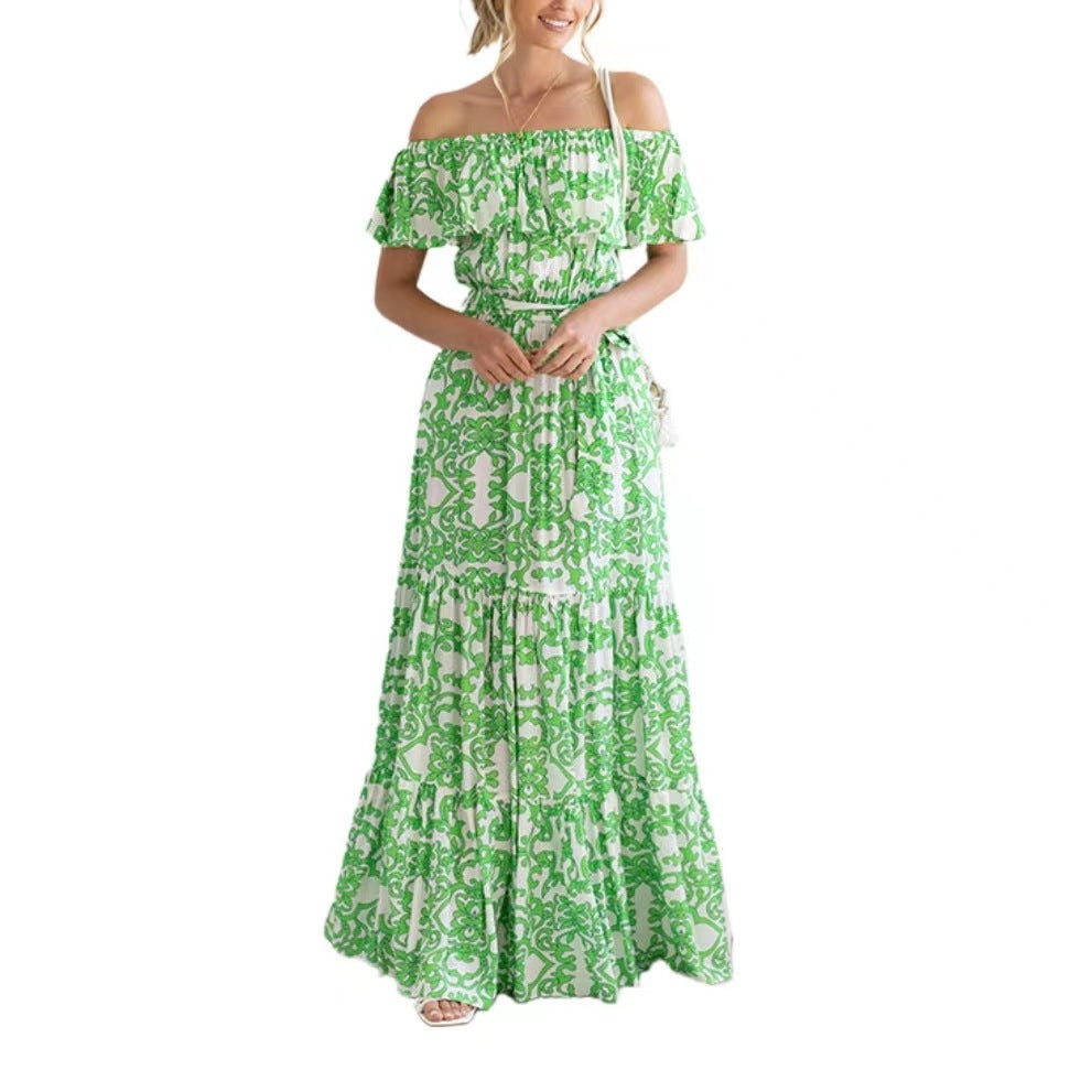 Women Off Shoulder Short Sleeve Printed Ruffle Maxi Dress 7